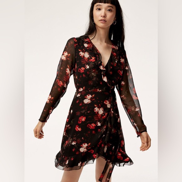 Aritzia Wilfred Louise Floral Wrap black and red dress - Picture 4 of 13